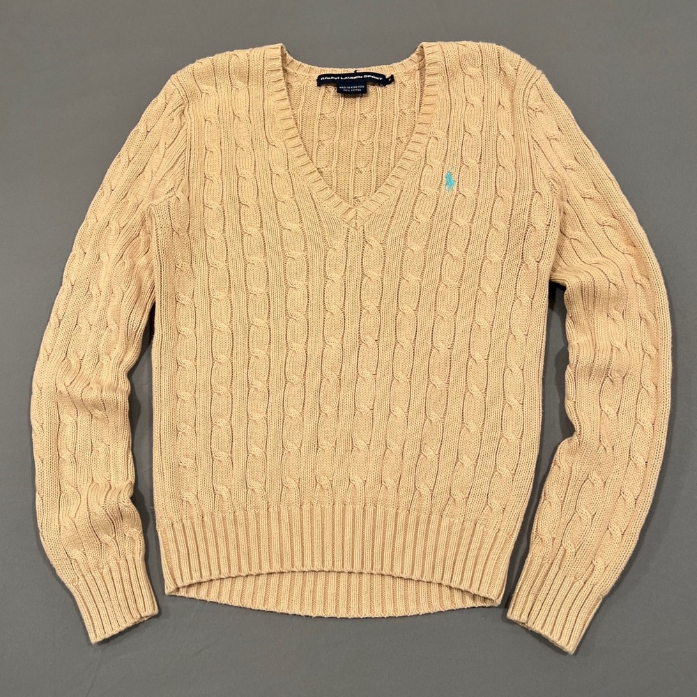Ralph Lauren Sport Tan Beige Cable Knit V-Neck Cotton Sweater Pony Logo Medium